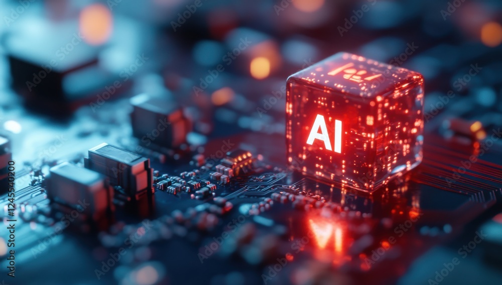Poster futuristic representation of artificial intelligence on a circuit board with glowing red cube symbol