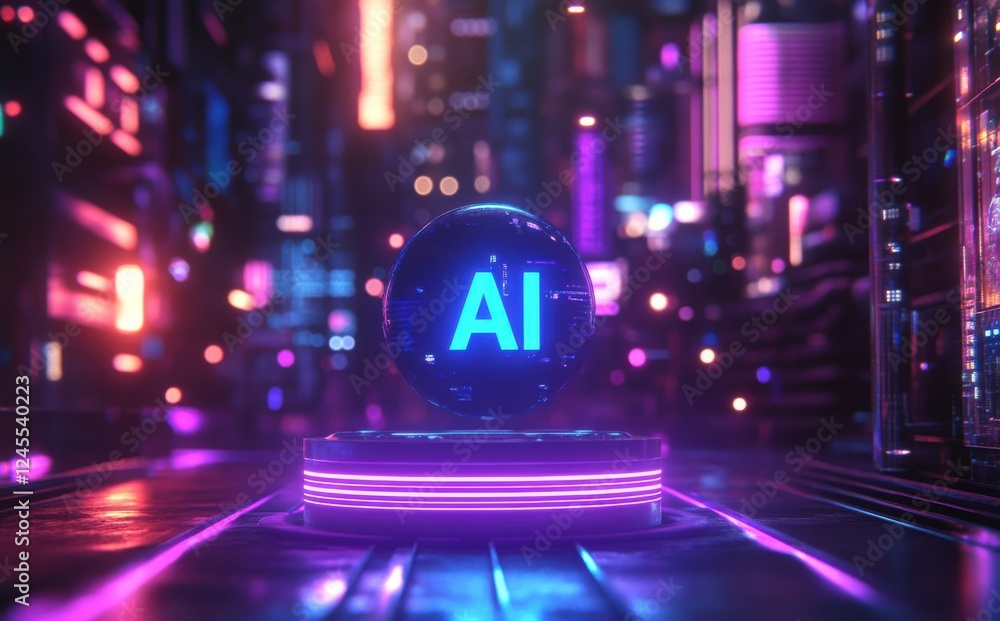Poster futuristic representation of artificial intelligence symbol in neon cityscape with vibrant lights an