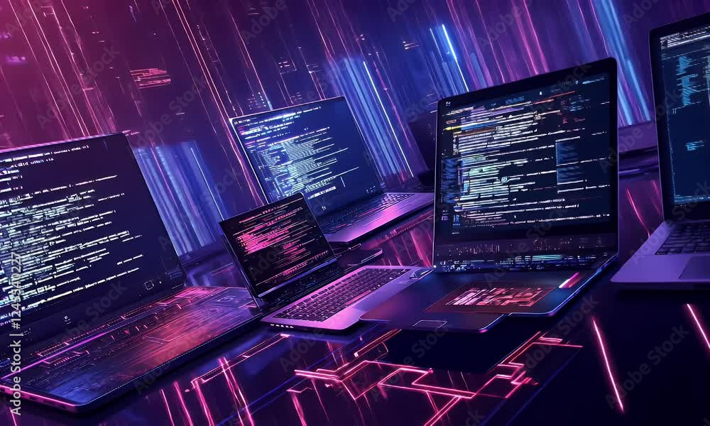 Poster laptops coding futuristic city background