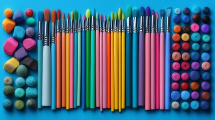 Naklejka premium Vibrant Rainbow of Artist Paintbrushes, Colorful Paint Pots, and Textured Decorative Elements for Creative Projects.