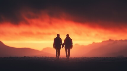 Silhouetted Couple Holding Hands Against Dramatic Sunset Sky
