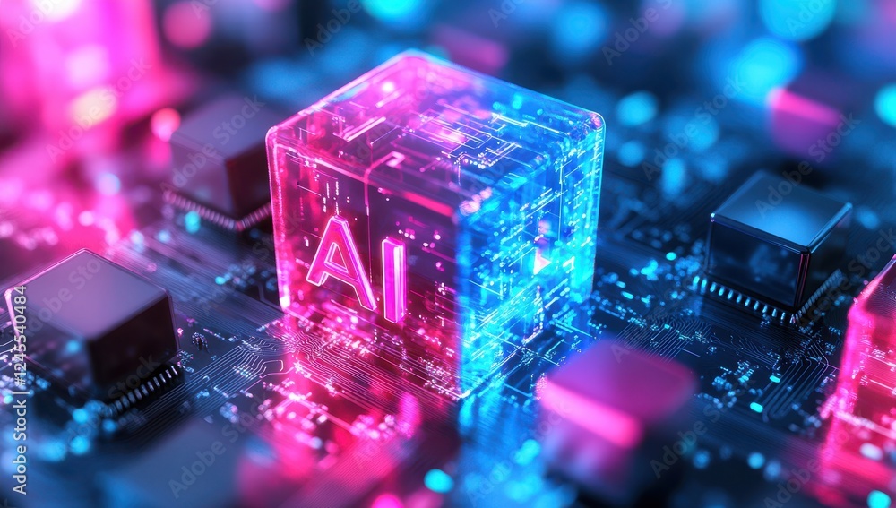 Aufkleber futuristic representation of artificial intelligence with glowing cube and circuit board in a high-t