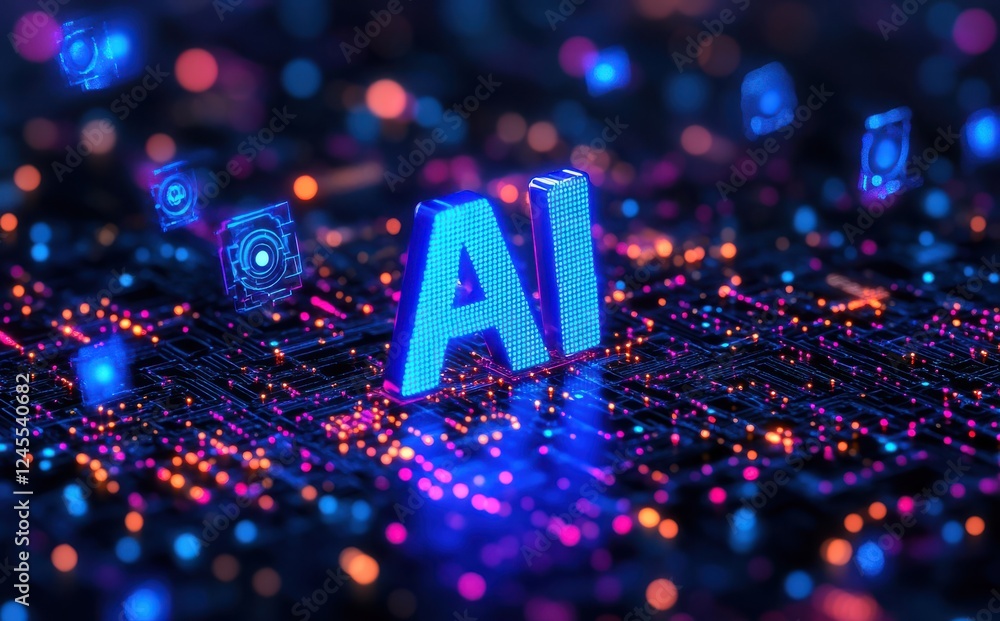 Poster futuristic representation of artificial intelligence with glowing text and digital elements on a vib