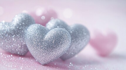 Fototapeta premium Shimmering Silver Hearts on Soft Pink Background for Valentine's Day