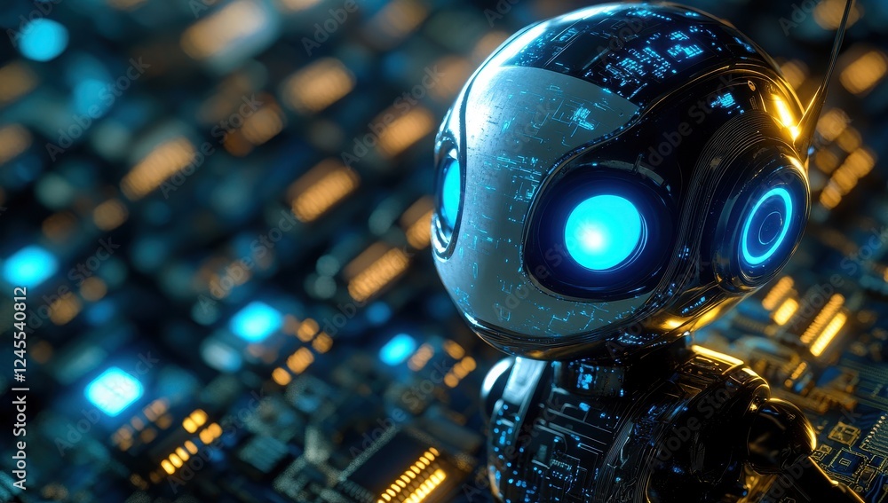Aufkleber futuristic robot character with glowing blue eyes and circuitry background reflecting advanced techn