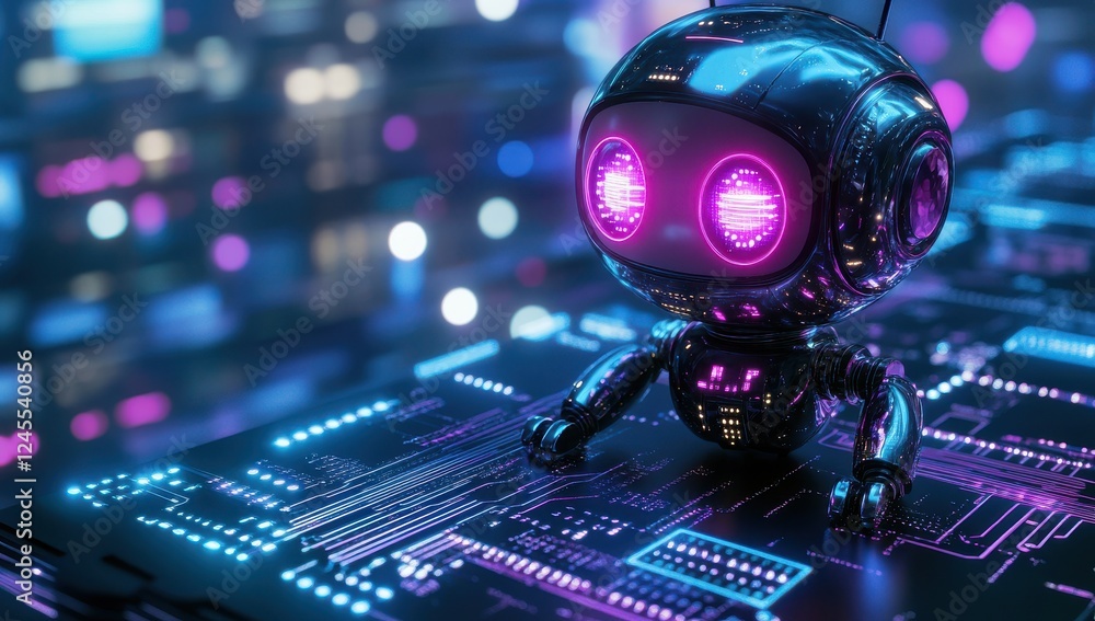 Aufkleber futuristic robot character with glowing eyes and circuit board background in a neon digital environm