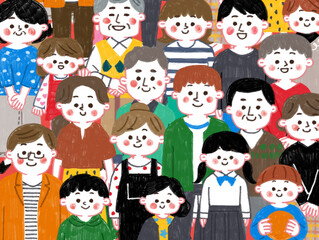 色鉛筆で描いたいろんな人物が集まったイラスト