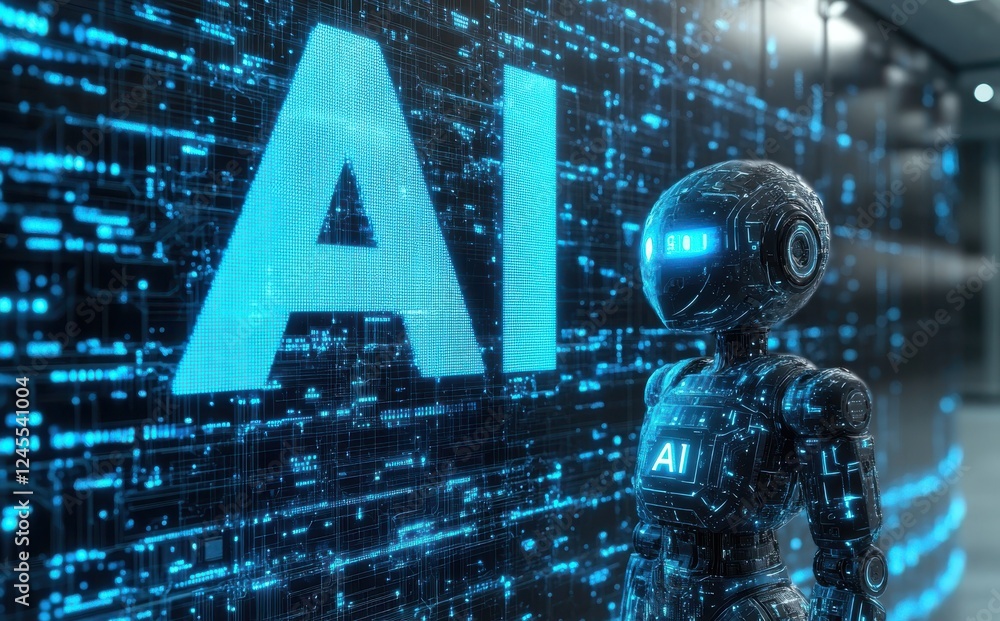 Poster futuristic robot surrounded by digital code and ai sign, representing artificial intelligence and te
