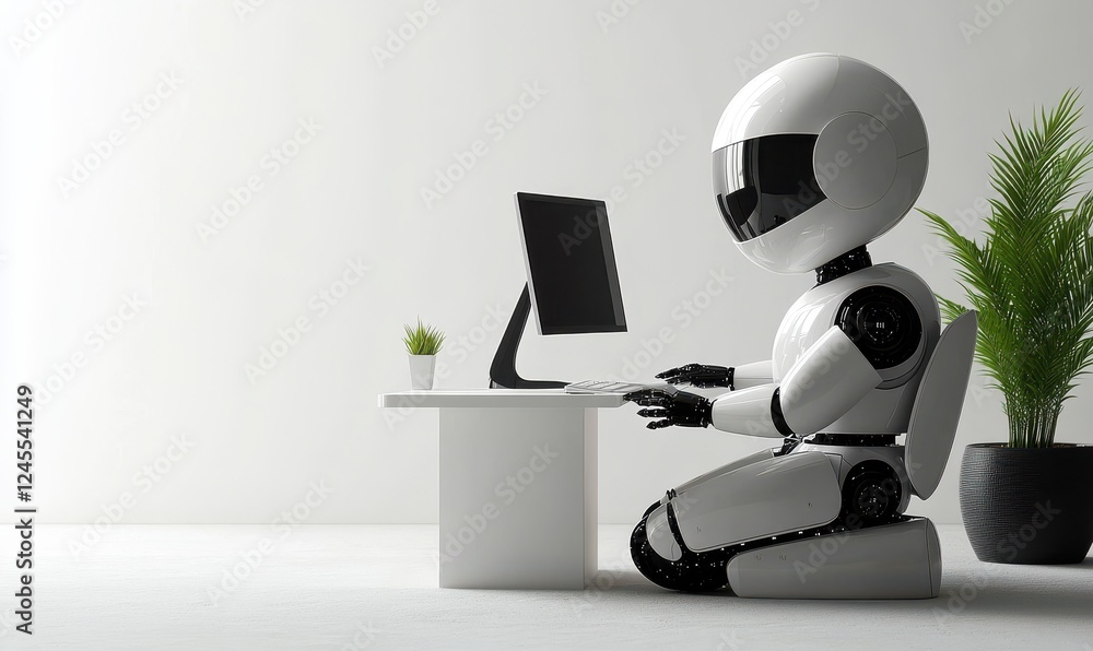 Poster futuristic robot working at a desk with a computer in a modern office environment showcasing advance