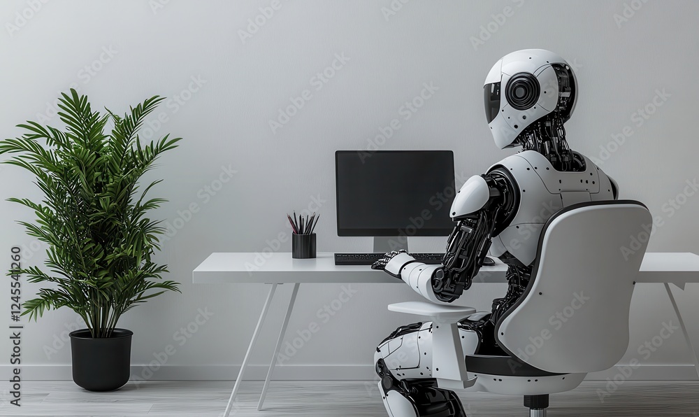 Poster futuristic robot working at a modern desk in a minimalist office environment with plants and compute