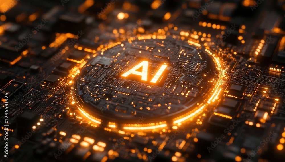 Poster futuristic technology background with ai concept featuring circuit board and glowing elements in dar