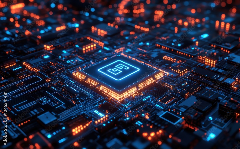 Poster futuristic technology circuit board with luminous microchip surrounded by vibrant glowing connection
