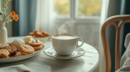 Obraz premium Morning romantic breakfast. On a white wooden table: In a mug of hot coffee (steam comes out of it), cakes, cookies, bread, sugar. Nearby is a chair with a napkin. Breakfast concept.