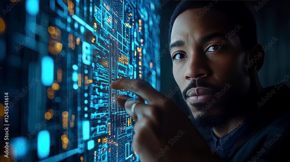 Poster a focused man interacting with a futuristic digital interface, exploring the depths of technological