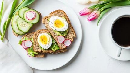 Avocado Sandwich with Fried Egg - sliced avocado and egg on toasted bread with arugula for healthy breakfast or snack.