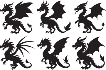 Variant style set of dragon silhouette vector design.