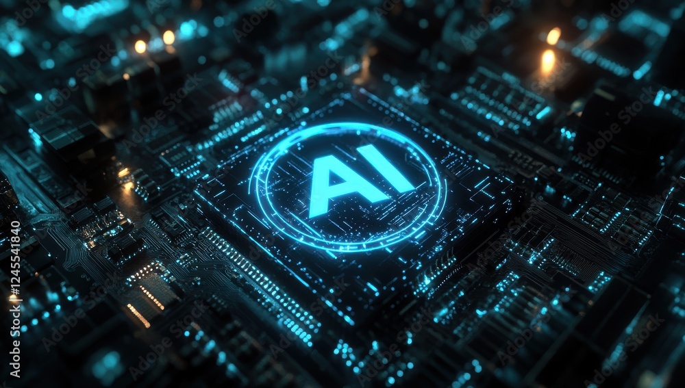 Poster futuristic technology concept with ai symbol on circuit board displaying digital connectivity and mo