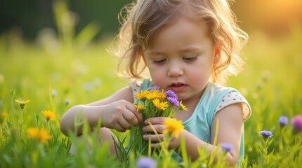 A joyful child picking colorful flowers in a sunny meadow