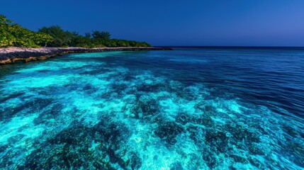 Fototapeta premium Vibrant Turquoise Ocean Water Near Serene Tropical Shoreline