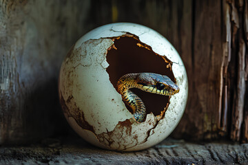 A spooky Halloween-themed image of a snake emerging from a hole in a broken egg, evoking a sense of mystery and eerie atmosphere perfect for the season of fright