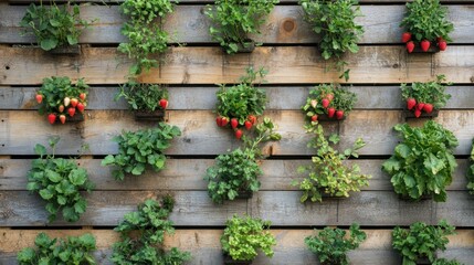 Vertical Garden Abundance: Fresh Strawberries and Lush Greenery on Rustic Wooden Wall