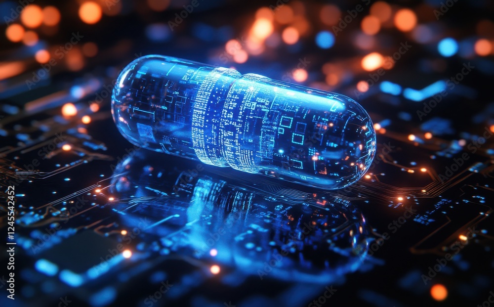 Poster futuristic transparent capsule on microchip background with digital data representation and glowing 