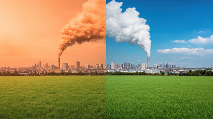 Obraz premium The Impact of PM 2.5 on Health and Environment Themed, Before and after image of city showing pollution and clean air