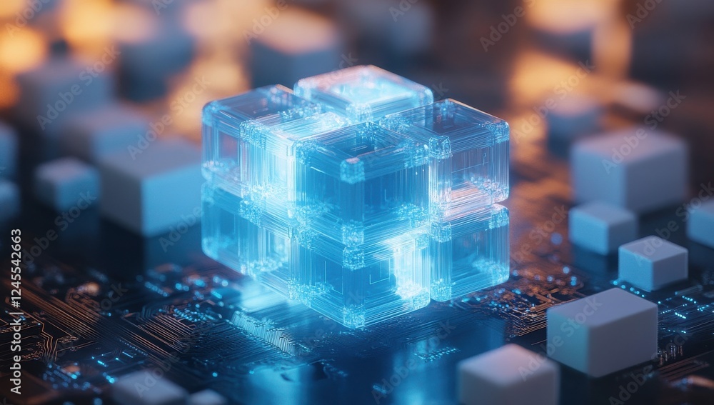 Poster futuristic transparent cube structure surrounded by digital circuitry representing advanced technolo