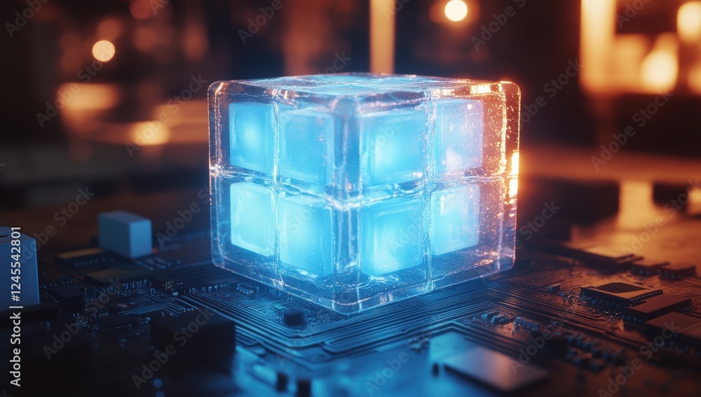 Aufkleber futuristic transparent cube with glowing blue lights on a circuit board background in a high-tech en