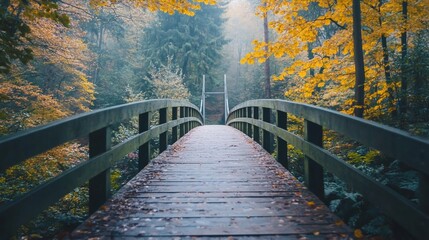Obraz premium Autumn bridge through forest with golden leaves and misty background