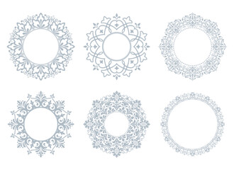 Set of decorative frames Elegant vector element for design in Eastern style, place for text. Floral gray and white borders. Lace illustration for invitations and greeting cards