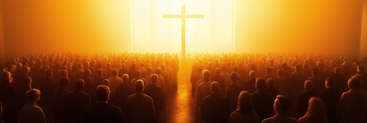 Banner  group of people at cross, soft tone, Jesus Christ God holy spiritual gospel salvation faith grace. Sin redemption resurrection crucifixion heaven. Worship disciples Kingdom God forgiveness.