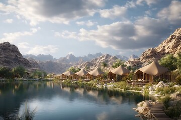 Naklejka premium Tent in the middle of the desert with mountains in the background