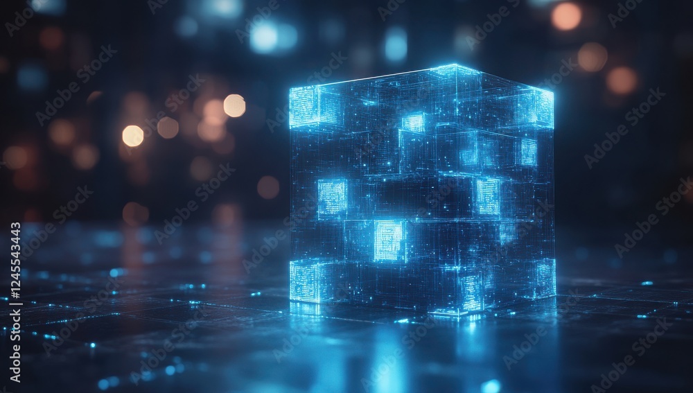Poster glowing blue cubes in a high-tech digital environment with abstract light reflections and a glimmeri