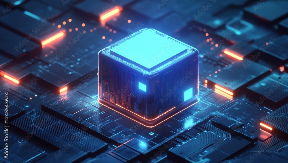 Poster glowing blue technology cube on futuristic circuit board with neon lights and digital patterns in a 