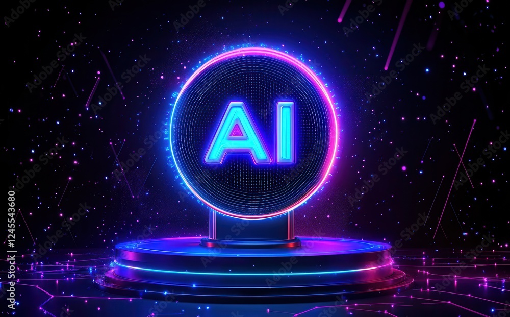 Poster glowing circular ai symbol surrounded by sparkling lights and colorful neon glow on a dark backgroun