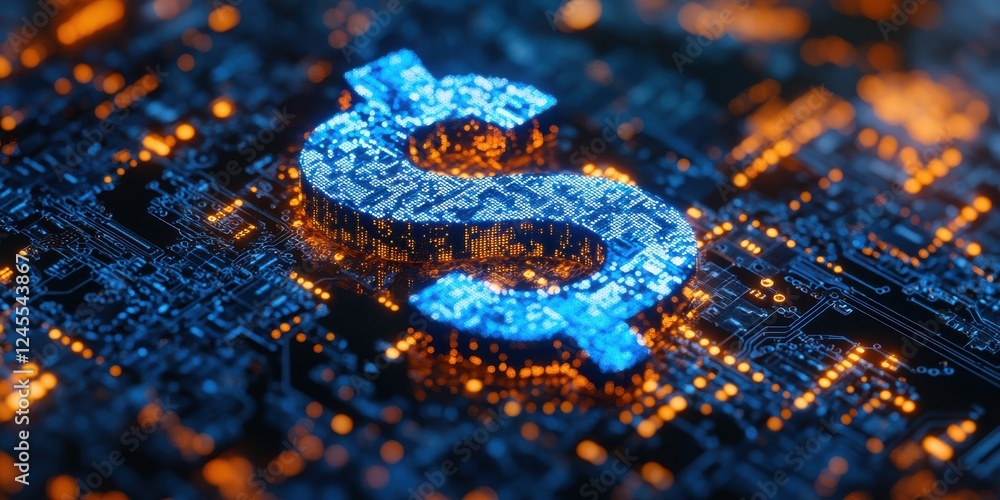 Poster glowing digital dollar sign on abstract circuit board background representing modern currency and fi
