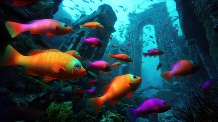 Vibrant Underwater Scene with Colorful Fish near Ancient Ruins