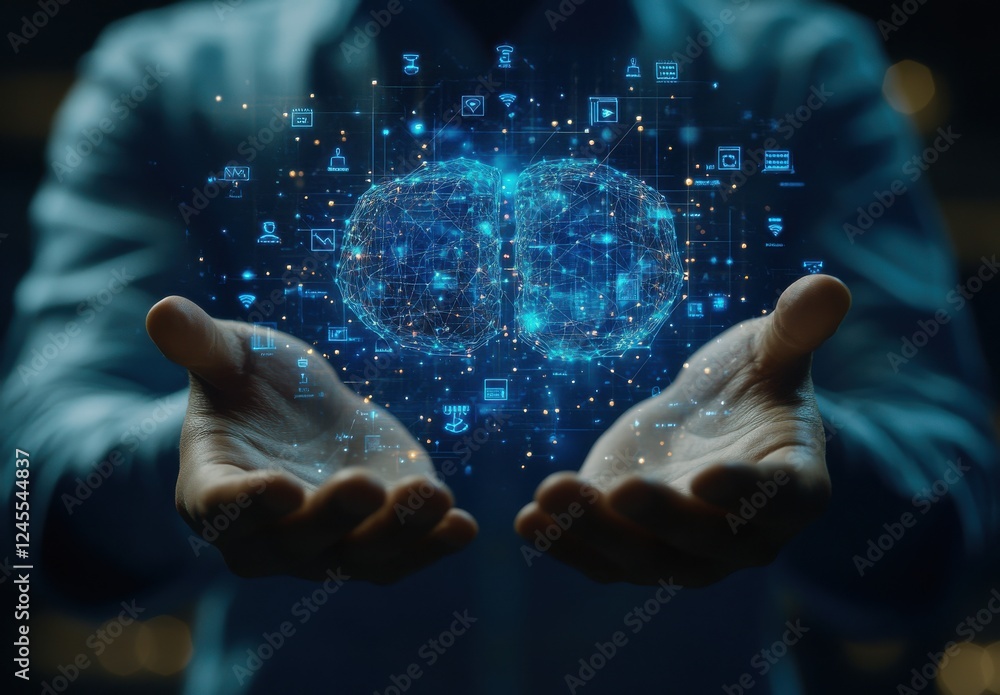 Poster hands holding glowing digital brain with data connections, symbolizing artificial intelligence, tech