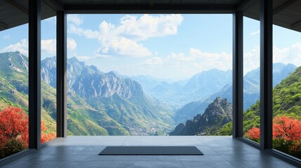 Serene Mountain View from Modern Yoga Studio with Open Windows
