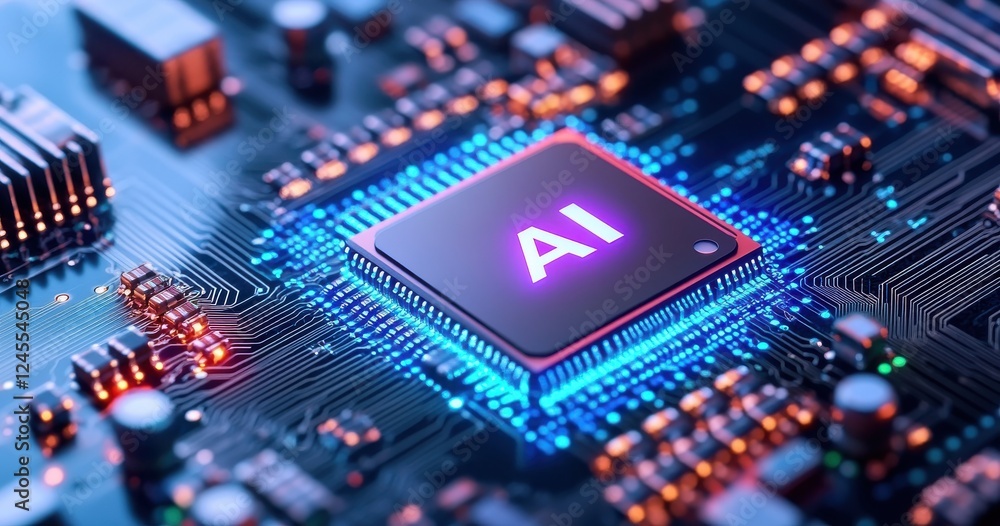 Poster high-tech close-up of ai microchip on circuit board with glowing leds and detailed electronic compon