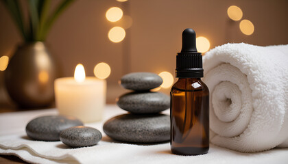 Amber dropper bottle candle and hot stones on a towel - Wellness and spa concept for relaxation