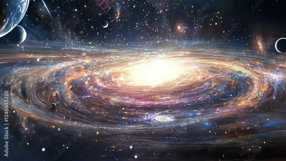 Poster dynamic spiral galaxy with rotating nebulae and cosmic elements in stunning space scene