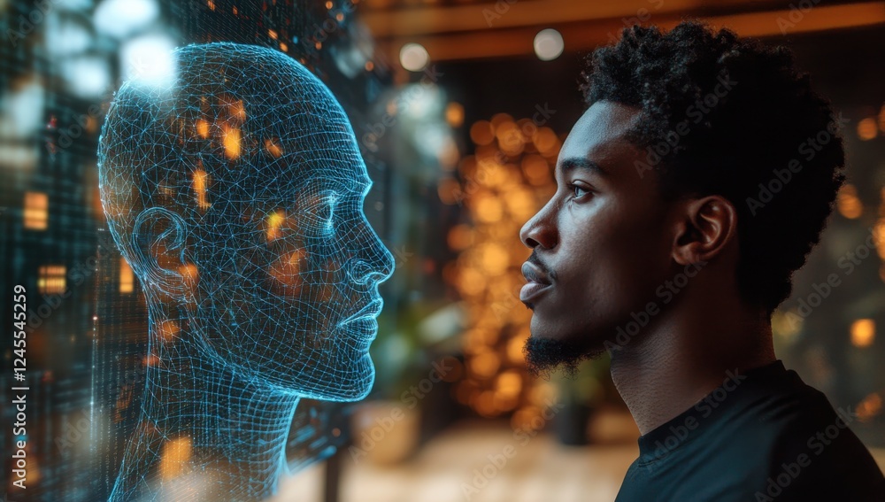 Poster human interaction with digital technology, depicting a futuristic concept of artificial intelligence