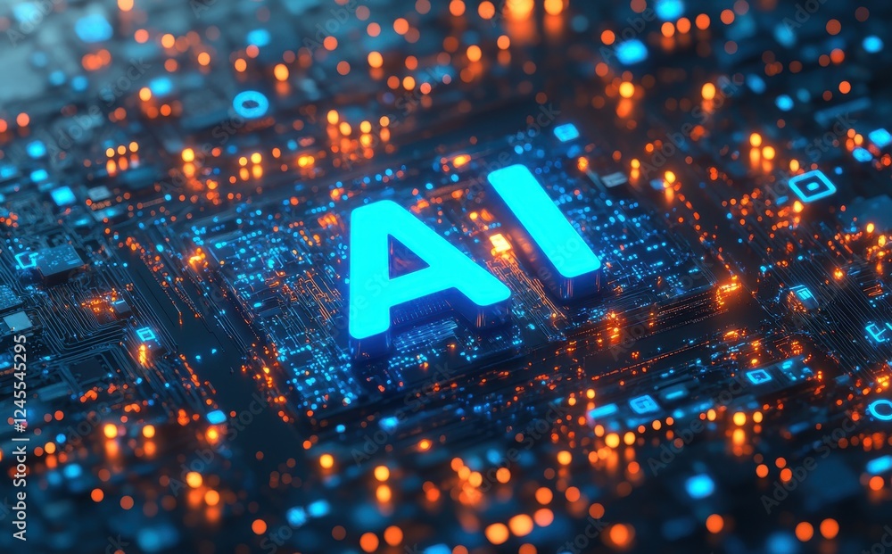 Poster illuminated ai text on futuristic circuit board surrounded by glowing data points and lights represe