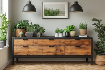 Modern oak and black sideboard with three drawers, two doors, and dark metal frame, placed against a white wall in a Scandinavian-style living room with studio lighting.