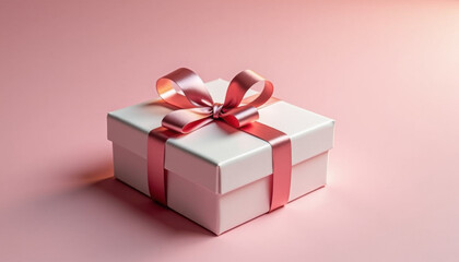 Fototapeta premium Elegant gift box with a pink ribbon on a soft pink background