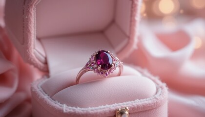 Obraz premium Golden wedding rings on a pink silk box with elegant decorations and a touch of luxury