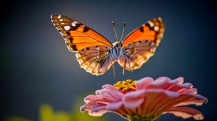 Fototapeta premium A vibrant butterfly hovering over a pink flower in a serene garden during sunset