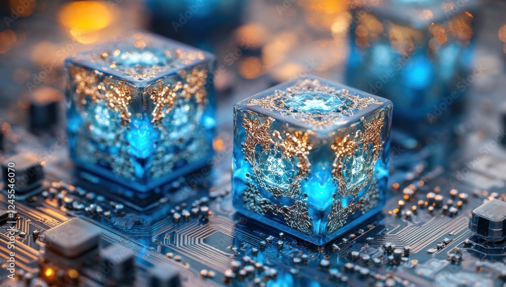 Poster intricate blue led-lit cubes on a close-up circuit board with a beautifully detailed texture and an 